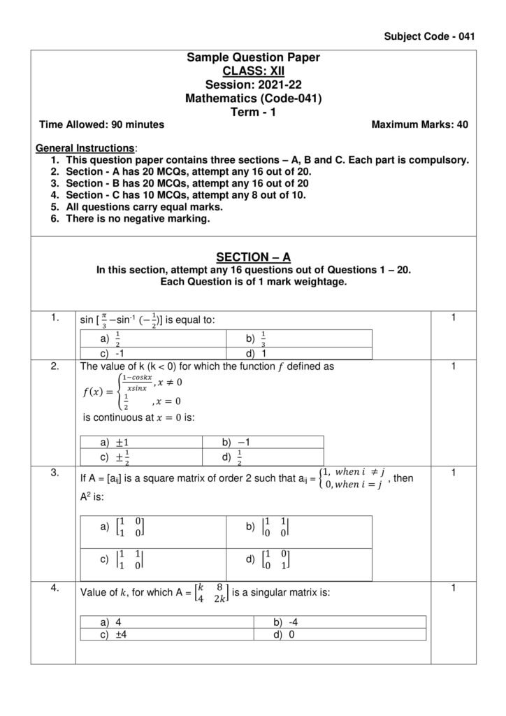 CBSE Class 12 Maths Sample Question Paper 2022 1 Maths SQP 1