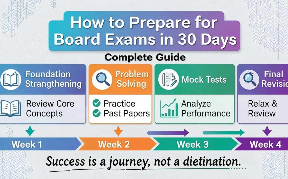 Student following a 30-day board exam preparation strategy with a daily study plan, revision schedule, and subject-wise tips for Class 10 and Class 12 board exams.