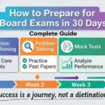 Student following a 30-day board exam preparation strategy with a daily study plan, revision schedule, and subject-wise tips for Class 10 and Class 12 board exams.