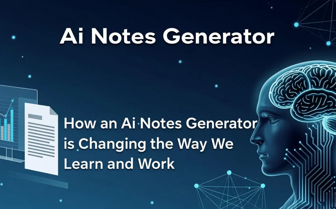 A professional sitting in a modern office confidently leading a meeting while an AI notes generator automatically transcribes and summarizes the conversation on a laptop screen.