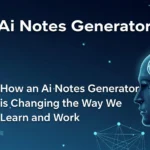 A professional sitting in a modern office confidently leading a meeting while an AI notes generator automatically transcribes and summarizes the conversation on a laptop screen.