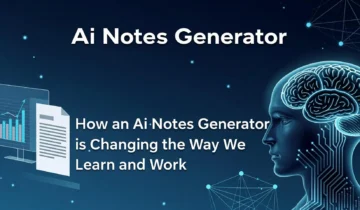 A professional sitting in a modern office confidently leading a meeting while an AI notes generator automatically transcribes and summarizes the conversation on a laptop screen.