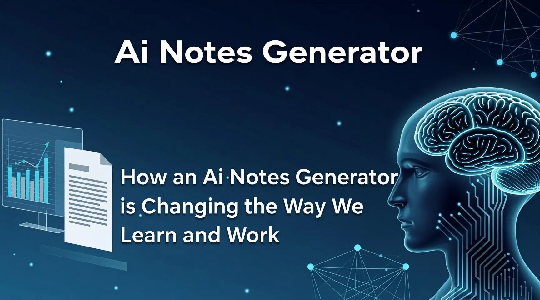 A professional sitting in a modern office confidently leading a meeting while an AI notes generator automatically transcribes and summarizes the conversation on a laptop screen.