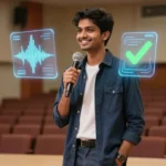 Young confident Indian student using modern public speaking tips on a brightly lit stage