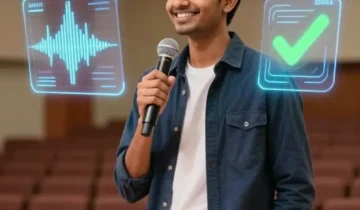 Young confident Indian student using modern public speaking tips on a brightly lit stage