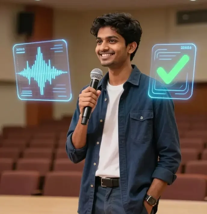 Young confident Indian student using modern public speaking tips on a brightly lit stage