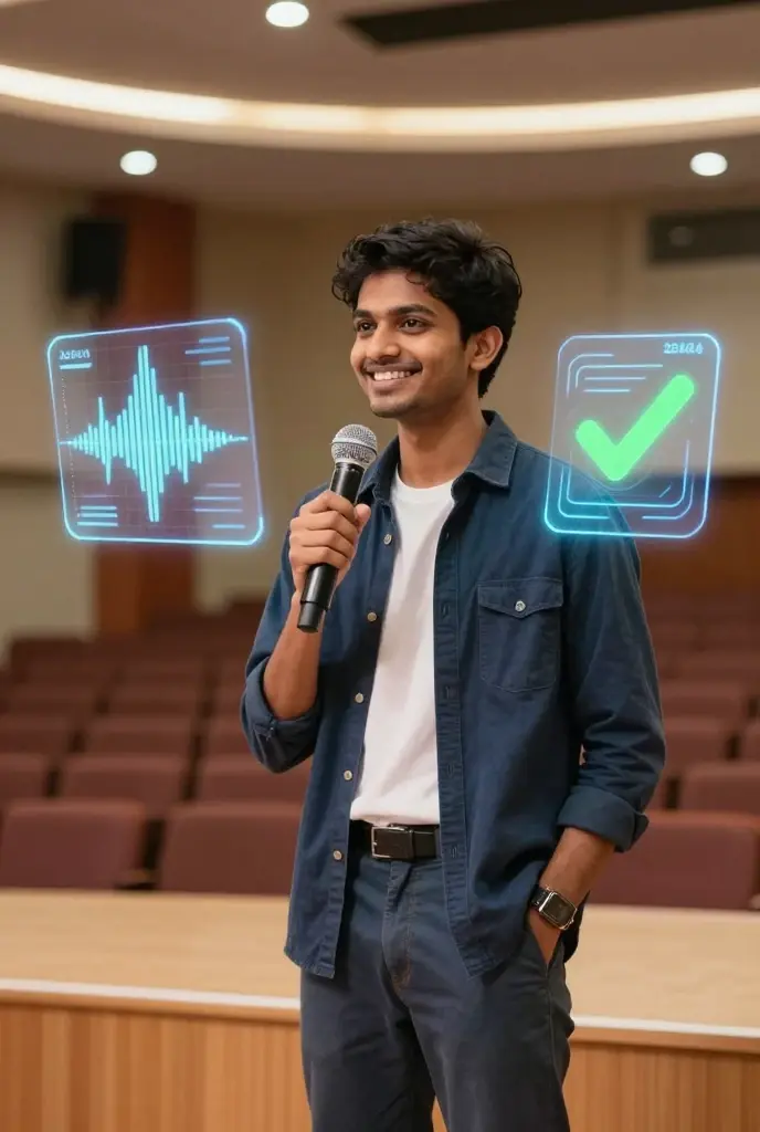 Young confident Indian student using modern public speaking tips on a brightly lit stage