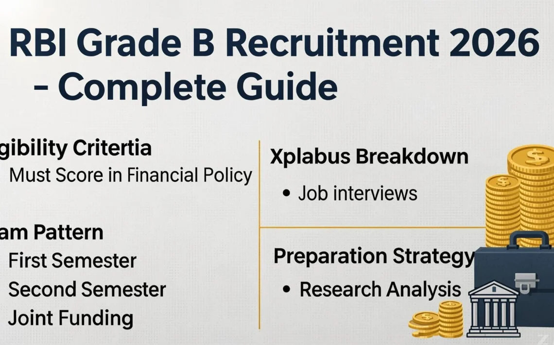 RBI Grade B Recruitment 2026 complete guide showing notification, eligibility criteria, vacancy details, salary structure, exam pattern, syllabus, important dates, and application process.