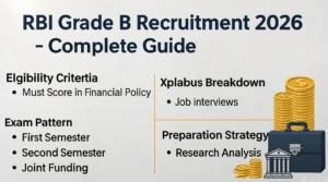 RBI Grade B Recruitment 2026 complete guide showing notification, eligibility criteria, vacancy details, salary structure, exam pattern, syllabus, important dates, and application process.
