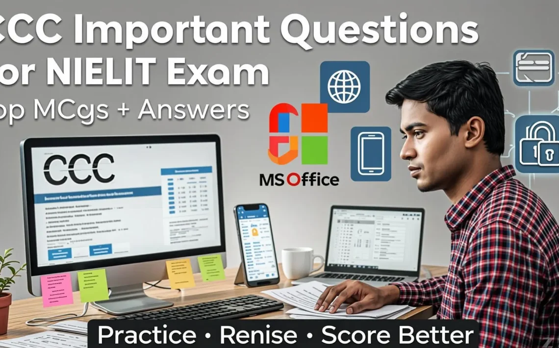 CCC Important Questions for NIELIT Exam : A comprehensive guide featuring chapter-wise MCQs, practice sets, and shortcut keys for computer course aspirants.