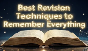 Student using the best revision techniques to remember everything with flashcards, notes, and a laptop on a desk.