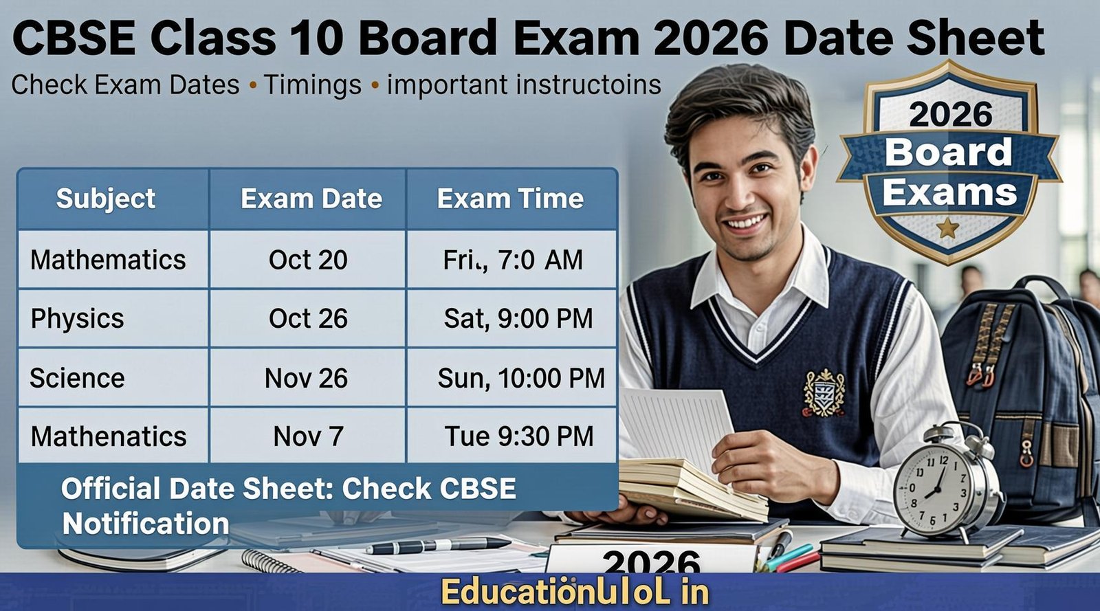 CBSE Class 10 Board Exam 2026 Date Sheet