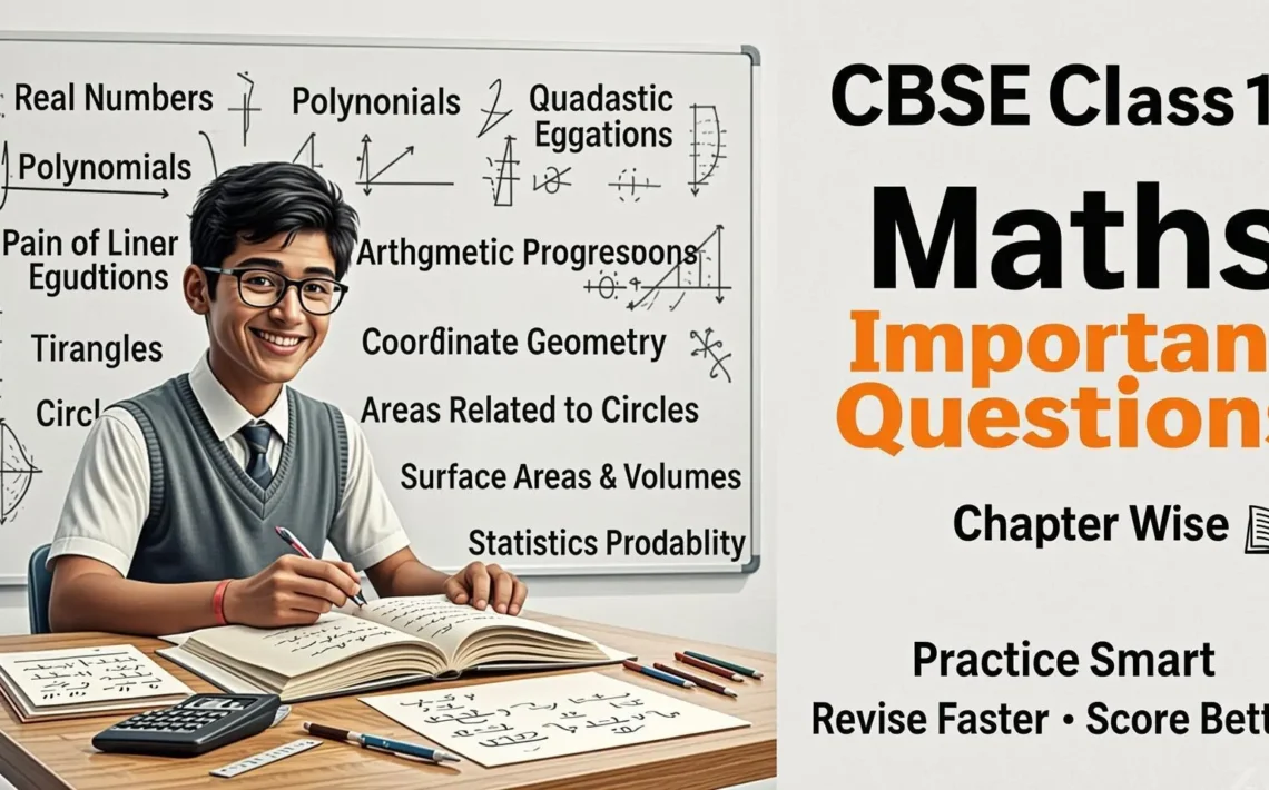 CBSE Class 10 Maths Important Questions: Chapter-Wise 2 Infographic showing CBSE Class 10 Maths chapter-wise important questions covering Real Numbers, Polynomials, Trigonometry and other chapters for 2026 board exam preparation.