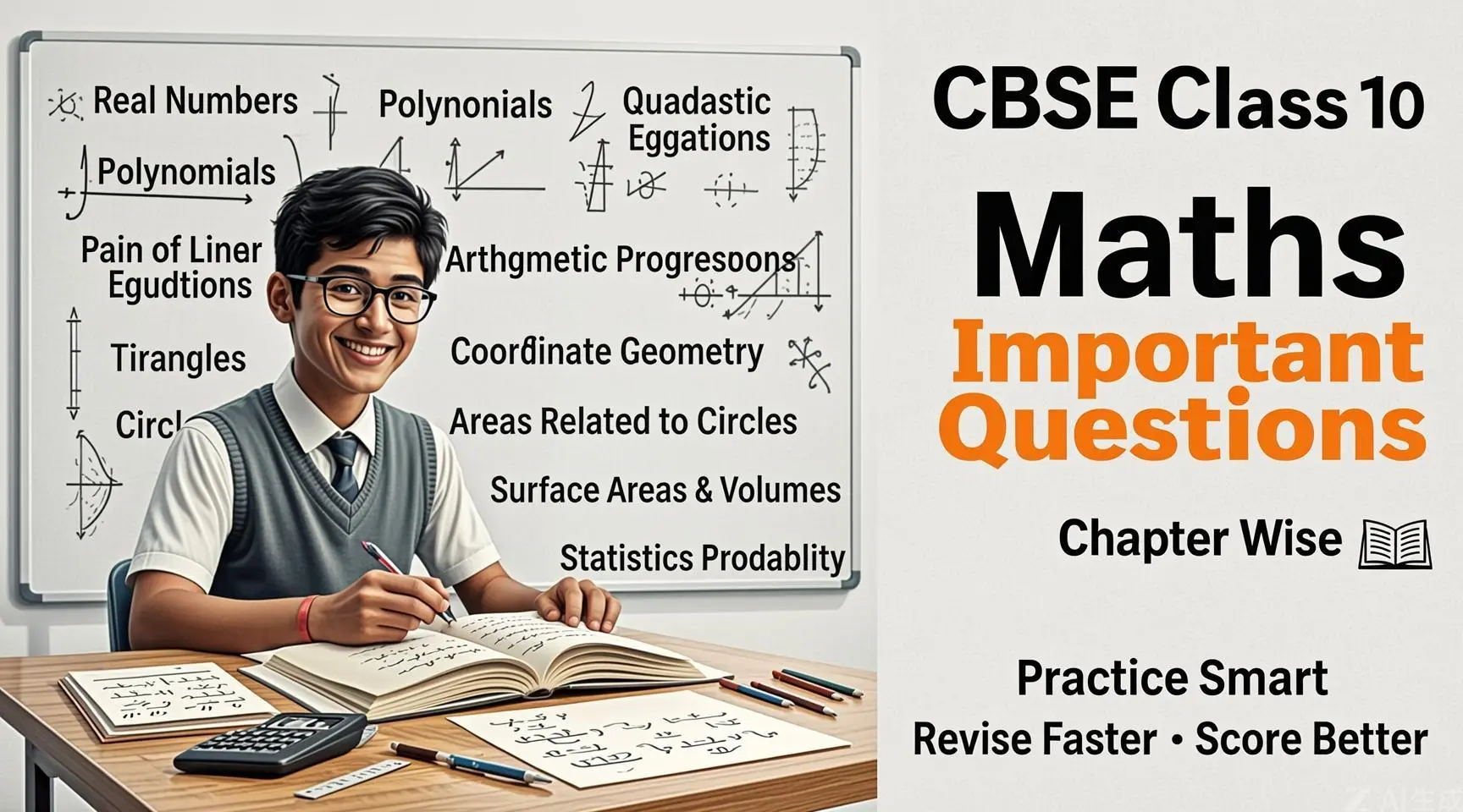 Infographic showing CBSE Class 10 Maths chapter-wise important questions covering Real Numbers, Polynomials, Trigonometry and other chapters for 2026 board exam preparation.