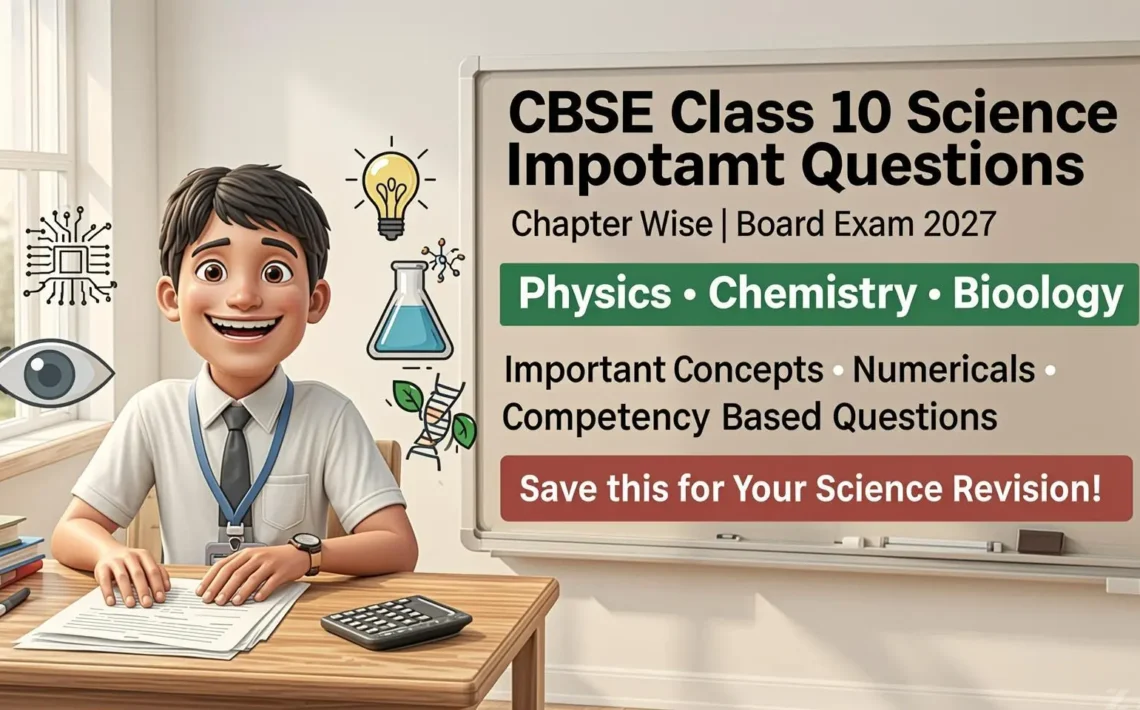 Infographic showing CBSE Class 10 Science chapter wise important questions for board exam preparation