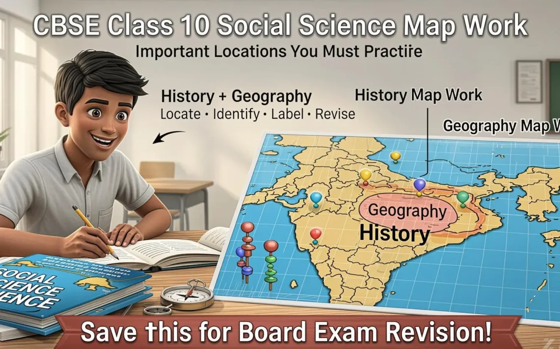 CBSE Class 10 student preparing Social Science map work with an India map, highlighting important History and Geography locations, features and board exam revision topics.