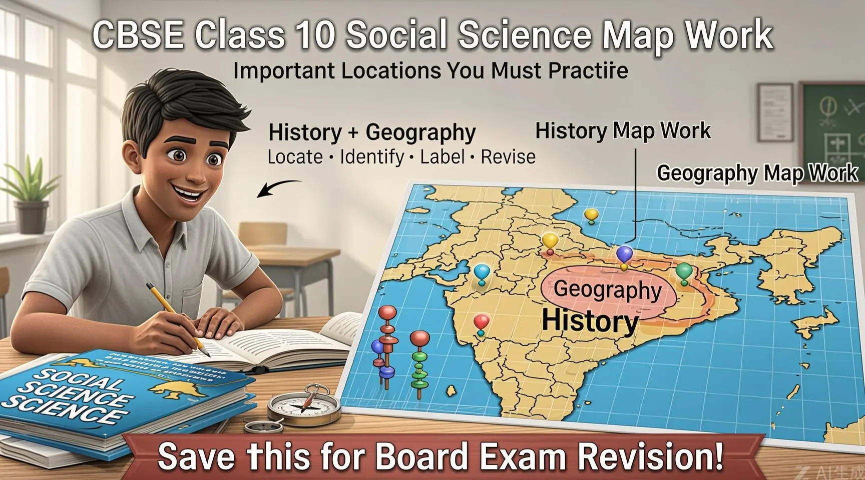CBSE Class 10 Social Science Map Work: Complete Guide for Board Exams 1 CBSE Class 10 student preparing Social Science map work with an India map, highlighting important History and Geography locations, features and board exam revision topics.