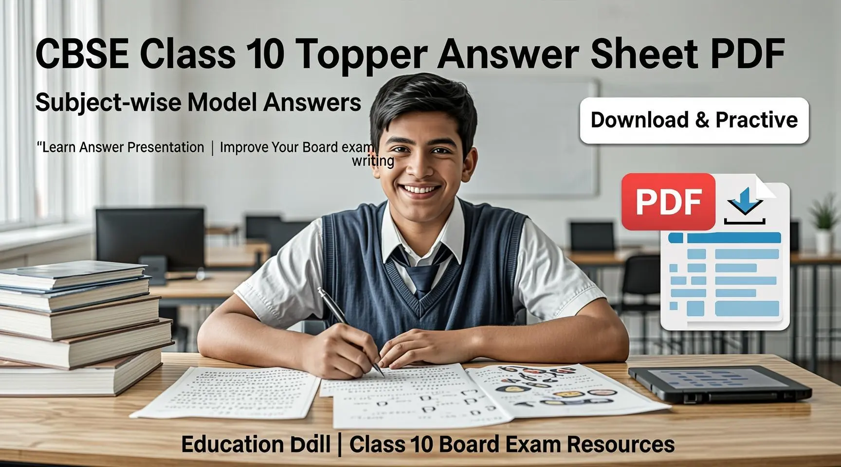 CBSE Class 10 topper answer sheet and model answers for Science, Maths, and English PDF download.