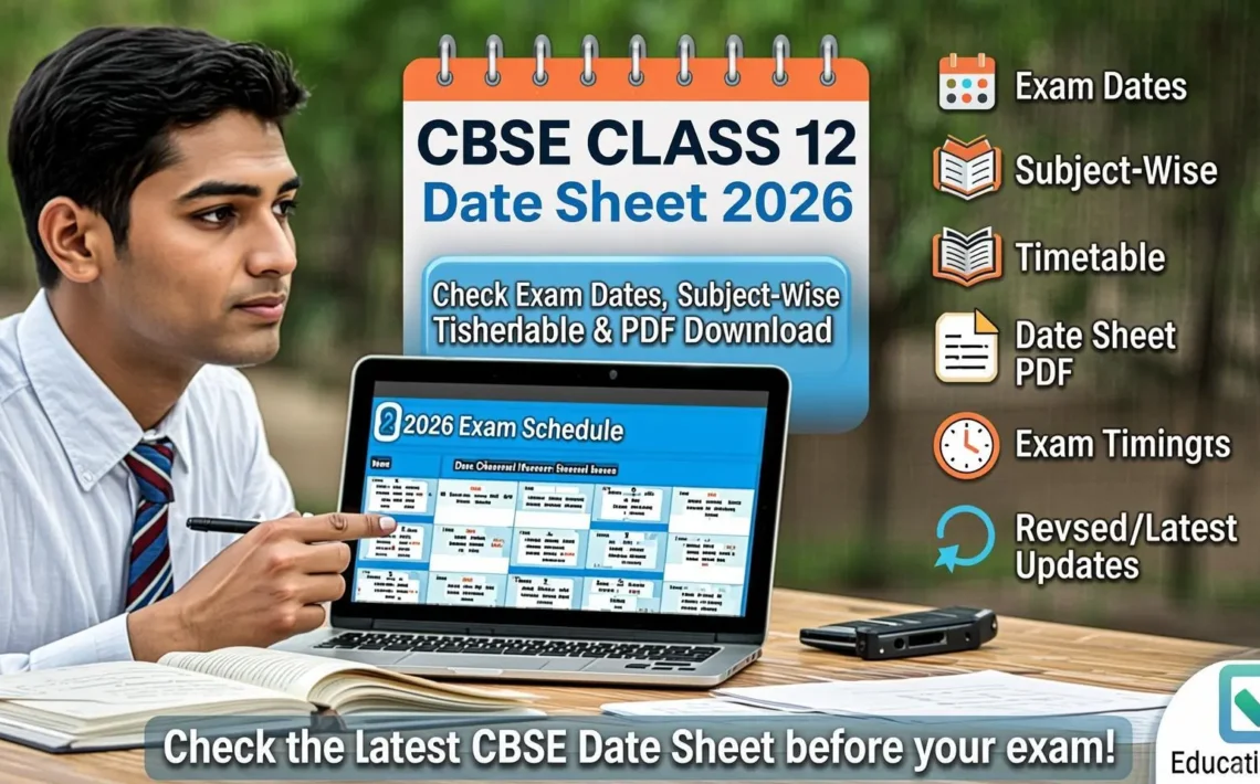 Graphic showing the CBSE Class 12 Date Sheet 2026 with a calendar and exam timetable for student reference.