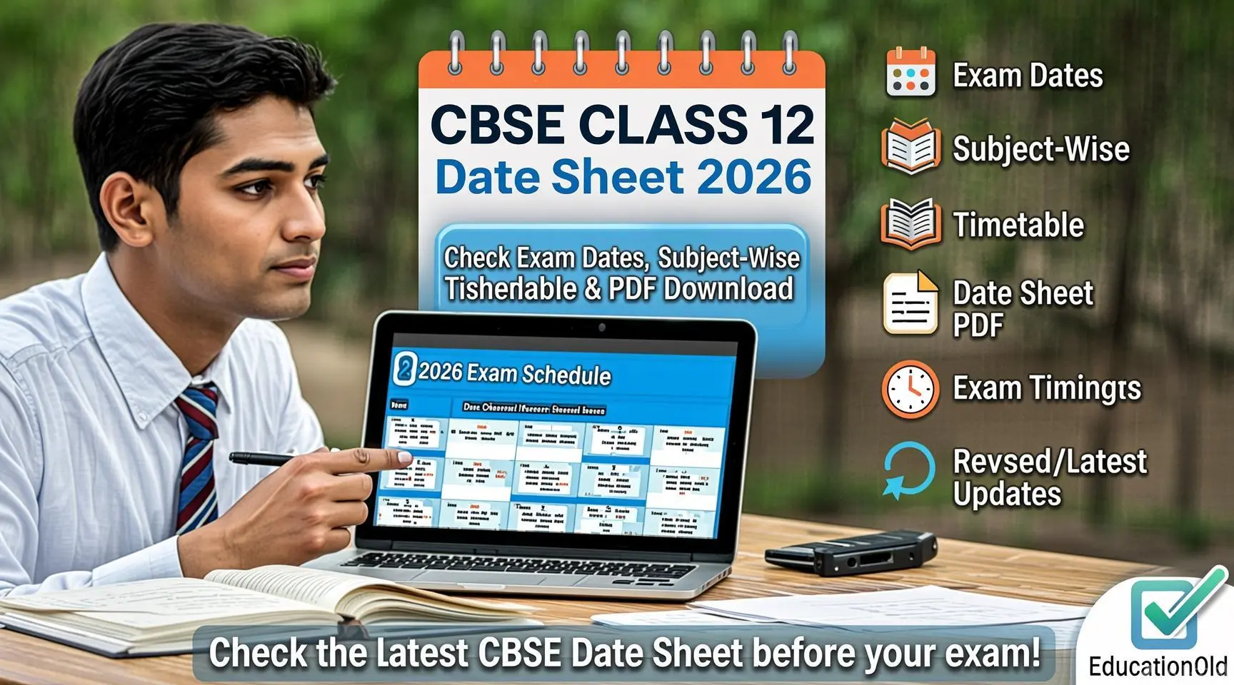 Graphic showing the CBSE Class 12 Date Sheet 2026 with a calendar and exam timetable for student reference.