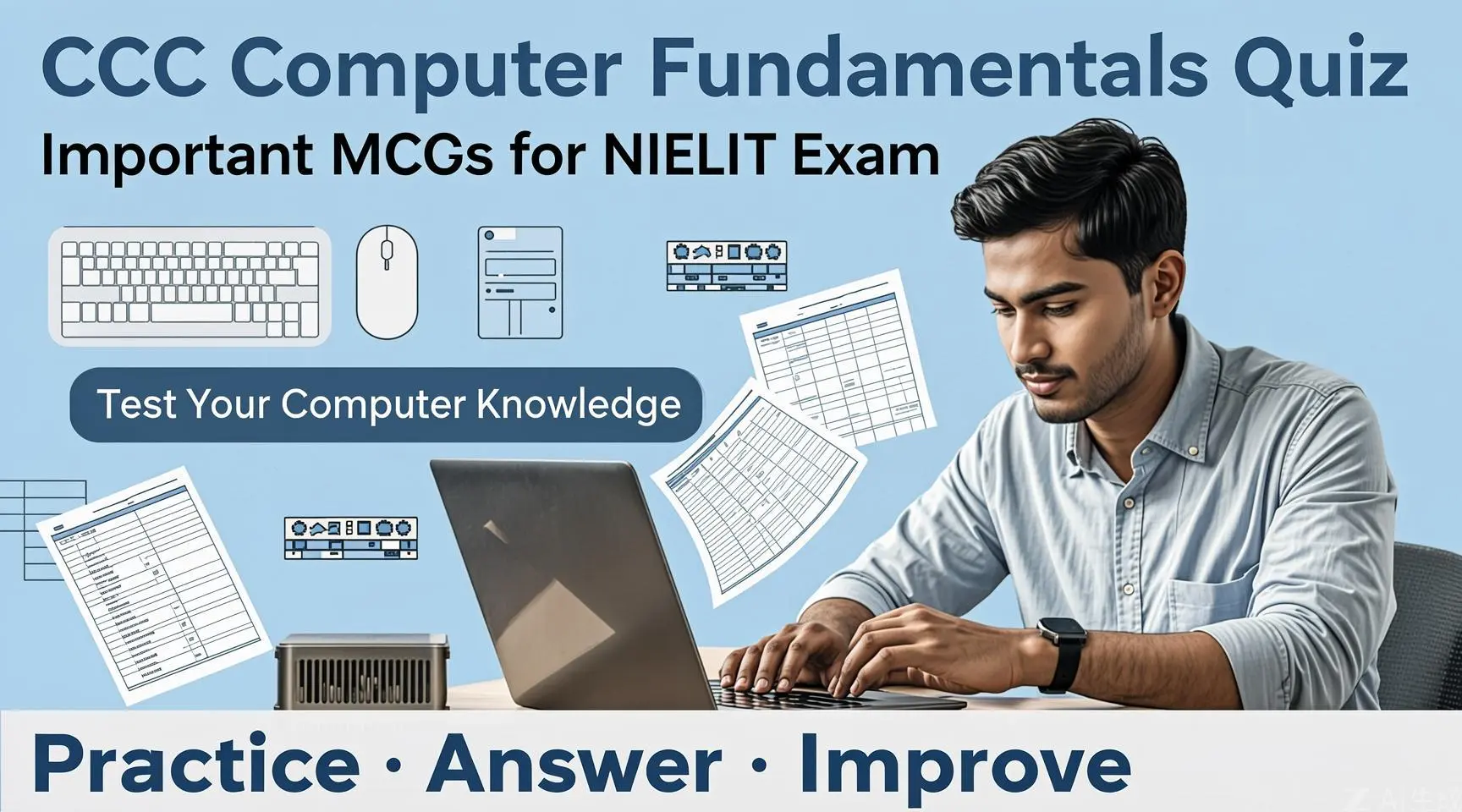 CCC Computer Fundamentals Quiz 1 CCC Computer Fundamentals Quiz for NIELIT exam aspirants featuring practice MCQs on CPU, memory, hardware, and software.