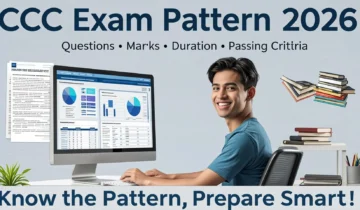 CCC Exam Pattern 2026 infographic showing important NIELIT CCC examination details including questions, marks, duration, marking scheme, passing criteria, and exam preparation information.