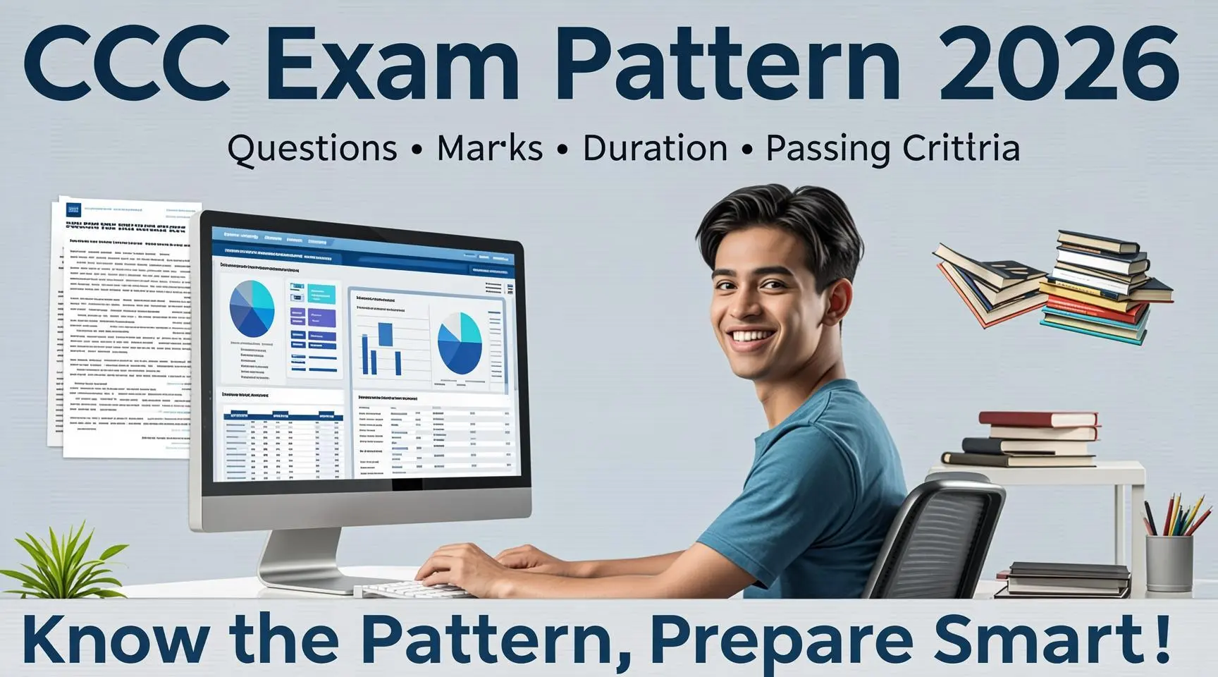 CCC Exam Pattern 2026 infographic showing important NIELIT CCC examination details including questions, marks, duration, marking scheme, passing criteria, and exam preparation information.