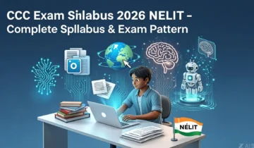 A complete guide to the CCC Exam Syllabus 2026 NIELIT, featuring an illustration of a student studying computer concepts, MS Office, internet, and digital payments with the text "CCC Exam Syllabus 2026".