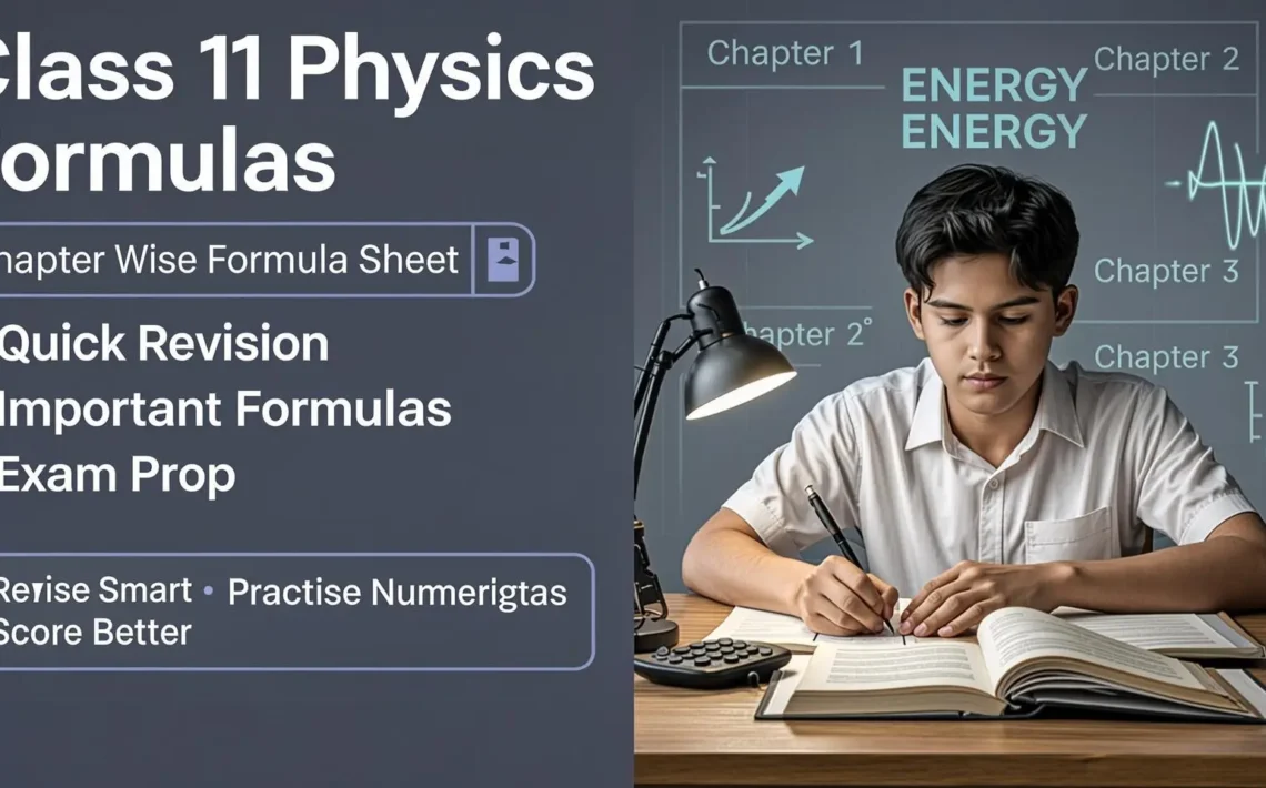 A comprehensive cheat sheet displaying important Class 11 Physics formulas chapter-wise for CBSE, JEE, and NEET exam revision.