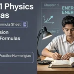 A comprehensive cheat sheet displaying important Class 11 Physics formulas chapter-wise for CBSE, JEE, and NEET exam revision.