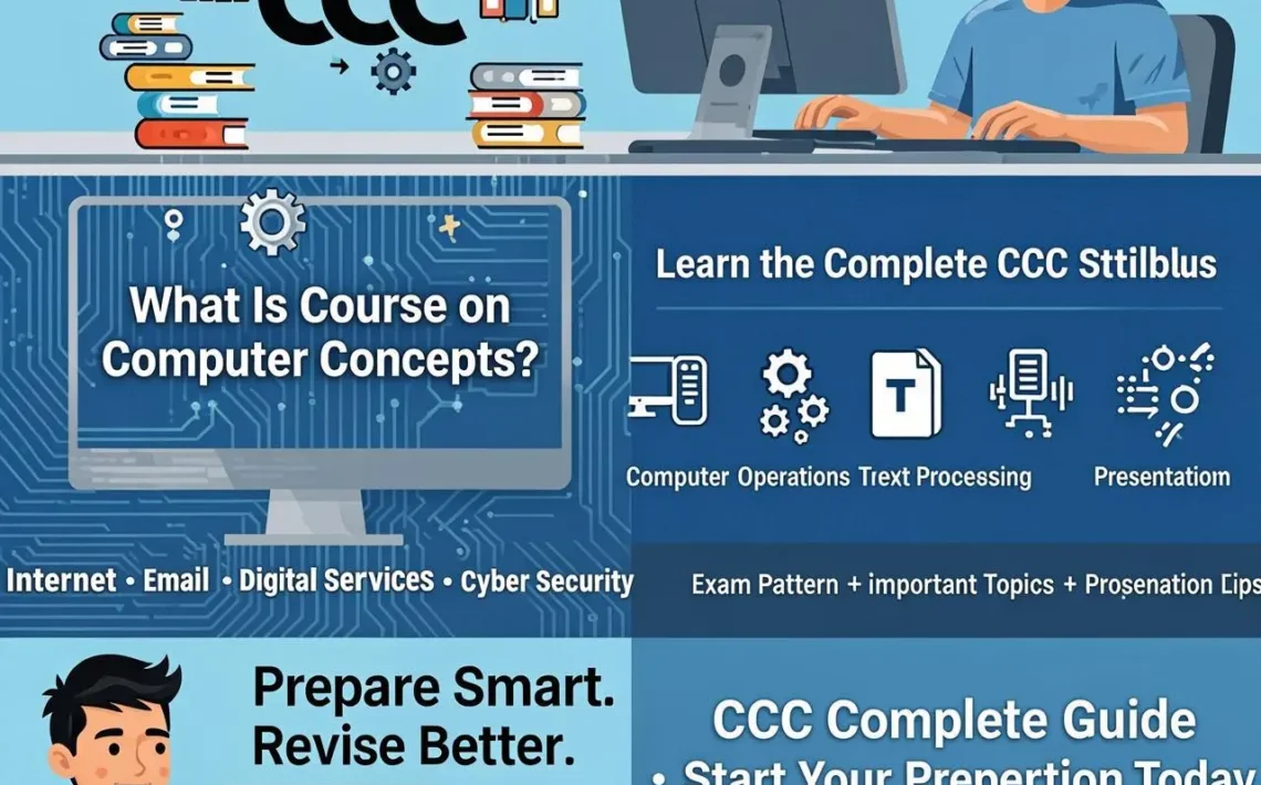 Course on Computer Concepts (CCC): Complete Guide 1 llustration explaining Course on Computer Concepts (CCC) exam guide with NIELIT certification details for students