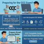 llustration explaining Course on Computer Concepts (CCC) exam guide with NIELIT certification details for students