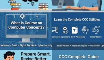 llustration explaining Course on Computer Concepts (CCC) exam guide with NIELIT certification details for students