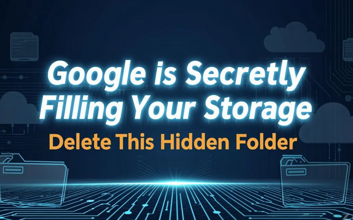 Illustration showing hidden Google storage folders in Google Drive, Google Photos, and Gmail with storage cleanup tips.
