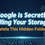 Illustration showing hidden Google storage folders in Google Drive, Google Photos, and Gmail with storage cleanup tips.