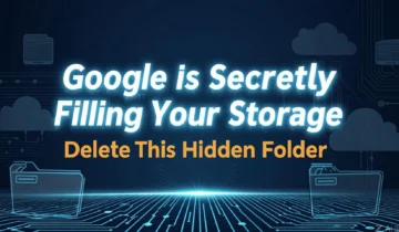 Illustration showing hidden Google storage folders in Google Drive, Google Photos, and Gmail with storage cleanup tips.
