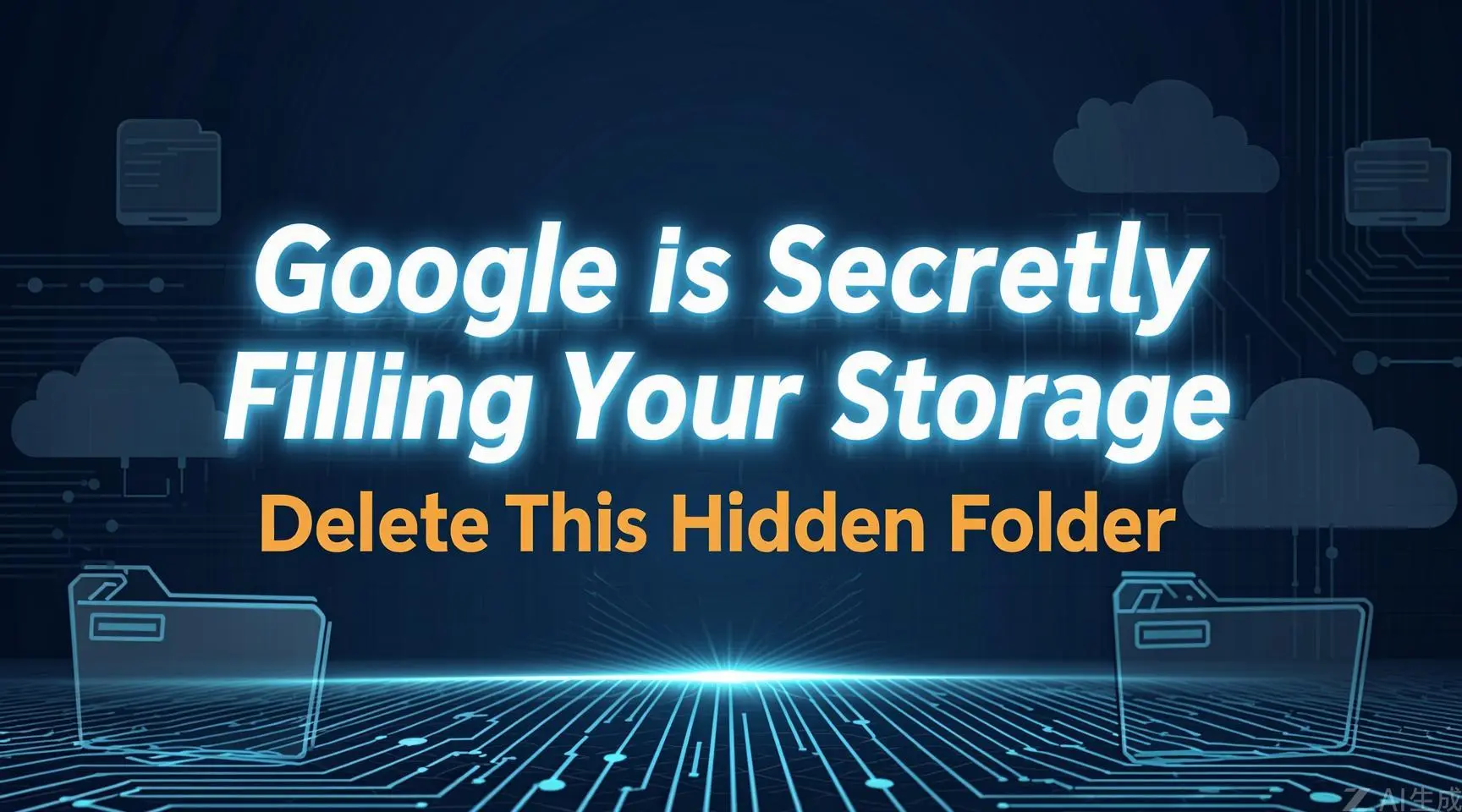 Illustration showing hidden Google storage folders in Google Drive, Google Photos, and Gmail with storage cleanup tips.