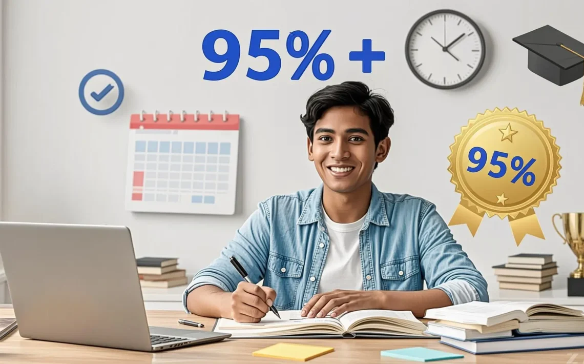 Student studying with books and notes to score 95%+ in board exams using effective study techniques and revision strategies.