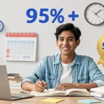 Student studying with books and notes to score 95%+ in board exams using effective study techniques and revision strategies.