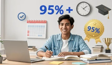 Student studying with books and notes to score 95%+ in board exams using effective study techniques and revision strategies.