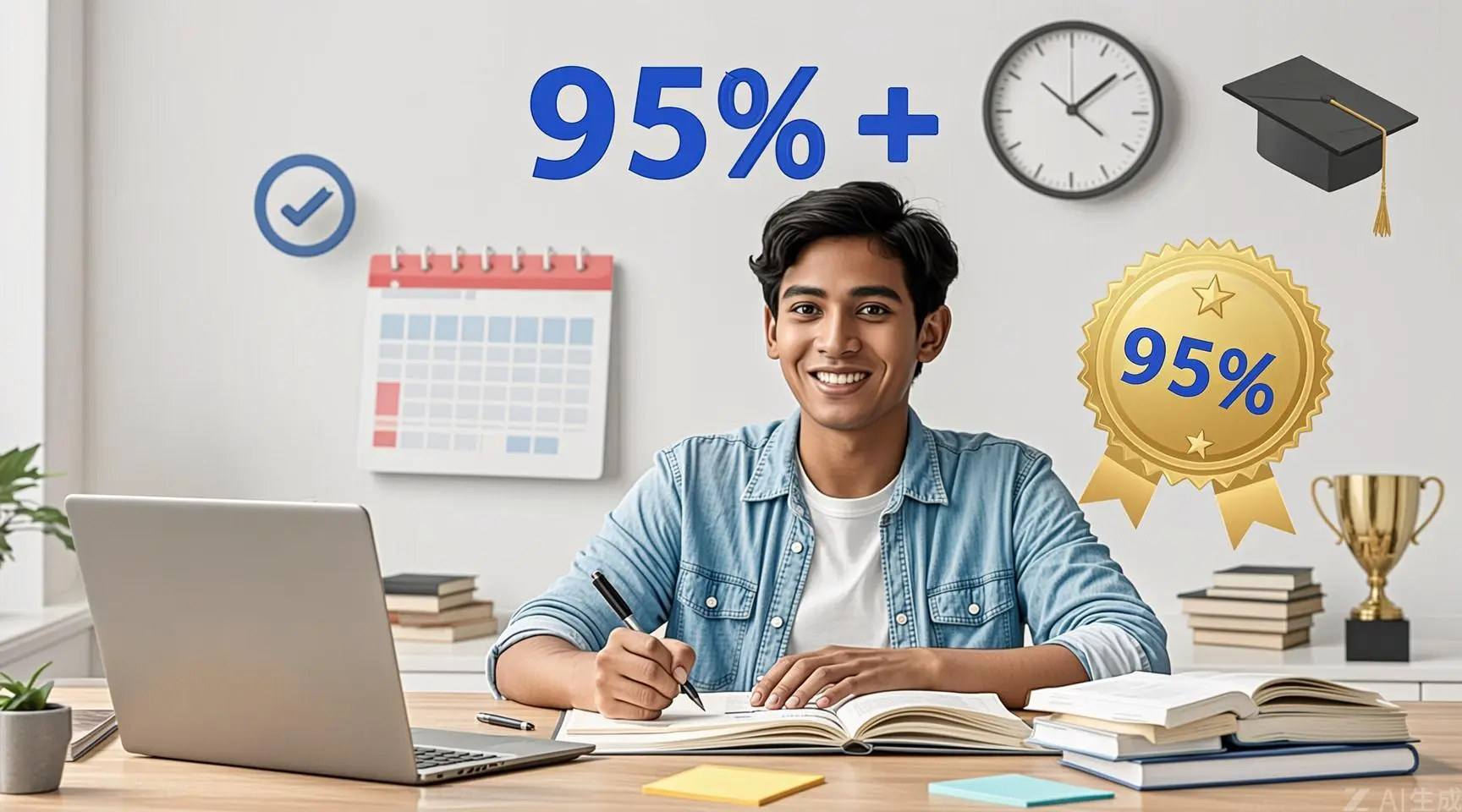 Student studying with books and notes to score 95%+ in board exams using effective study techniques and revision strategies.