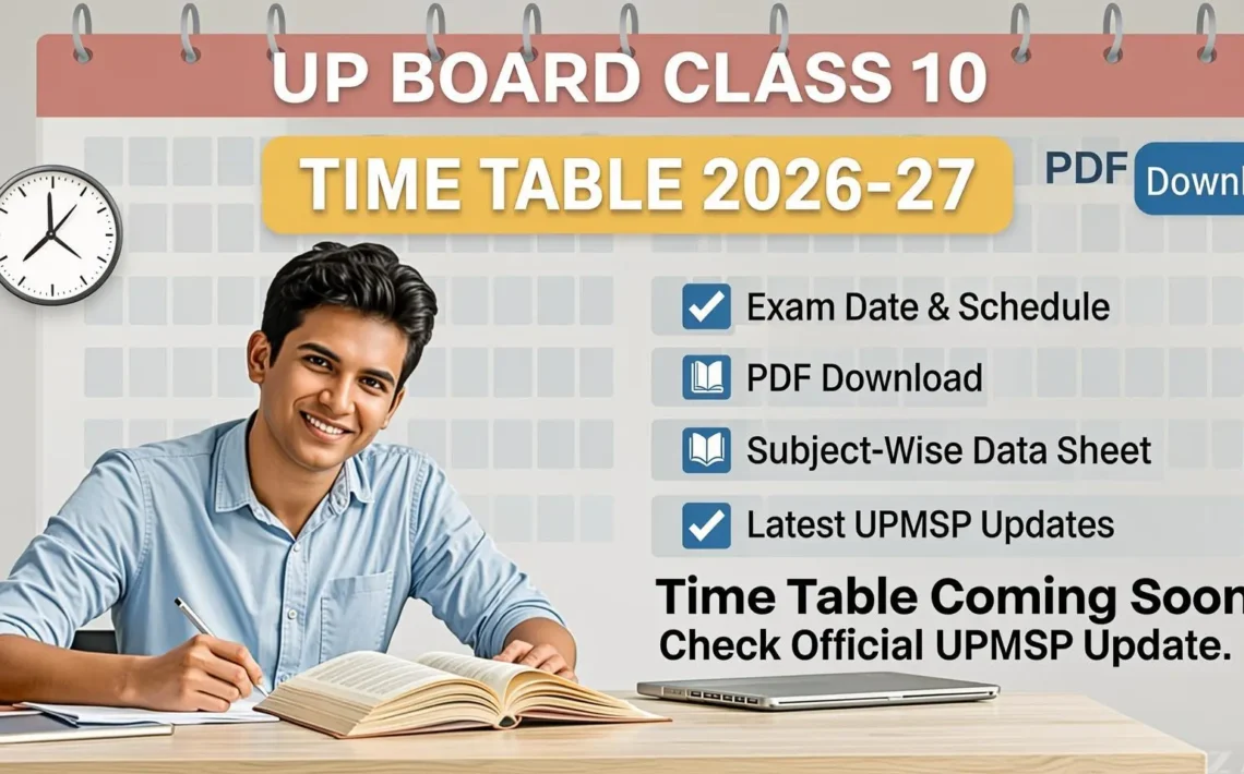 UP Board class 10 time table 2026-27 PDF cover image showing exam schedule and calendar