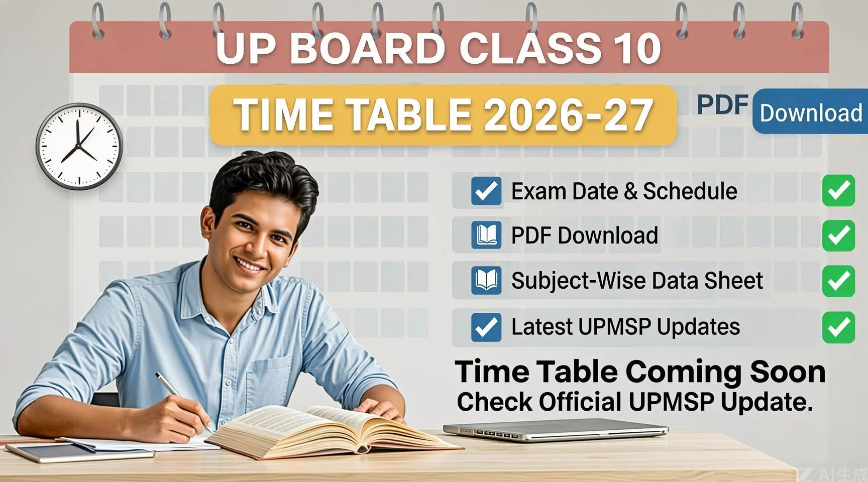 UP Board class 10 time table 2026-27 PDF cover image showing exam schedule and calendar