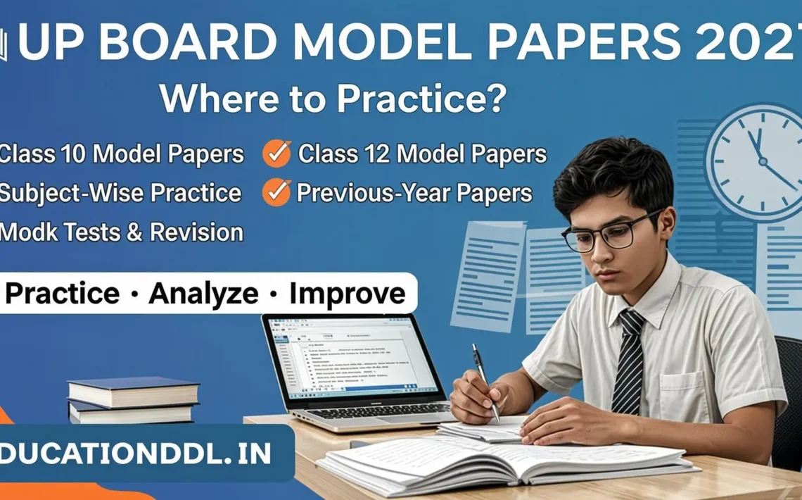 A student practicing the up board model paper 2027 for Class 10 and 12 exam preparation.