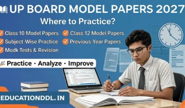A student practicing the up board model paper 2027 for Class 10 and 12 exam preparation.